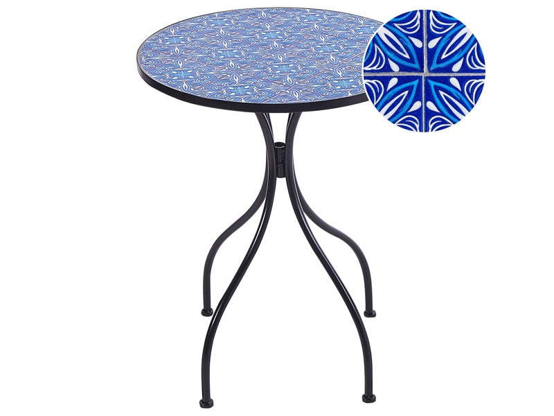 Garden Bistro Table Black Metal Iron Frame ø 60 cm Blue Mosaic Tiles Pattern Tabletop Vintage Style Outdoor Beliani