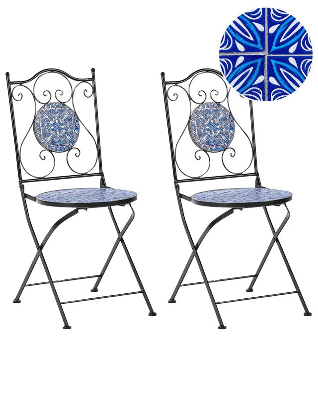 Set of 2 Garden Chairs Black Metal Iron Frame Folding Blue Mosaic Tiles Pattern Vintage Style Outdoor Beliani