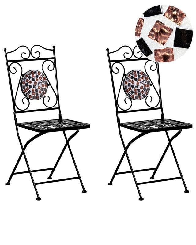 Set of 2 Garden Chairs Black Metal Folding Carved Backrest Mosaic Tiles Pattern Vintage Style Beliani