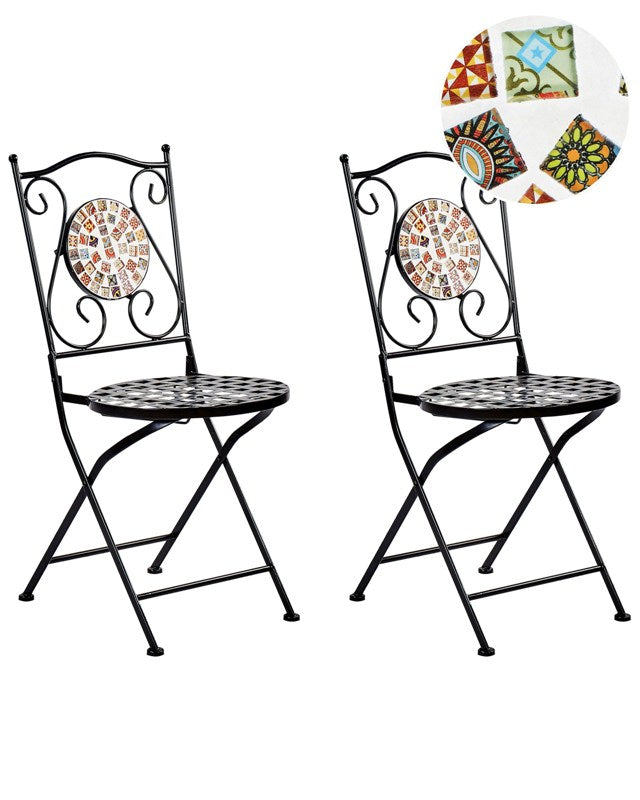 Set of 2 Garden Chairs Black Metal Folding Carved Backrest Mosaic Tiles Pattern Vintage Style Beliani