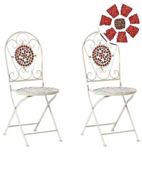 Set of 2 Garden Chairs White Metal Folding Carved Backrest Mosaic Tiles Pattern Vintage Style Beliani