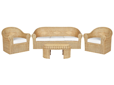 5 Seater Garden Sofa Set Natural Rattan White Cotton Cushion Medium Resistance Outdoor Boho Style Garden Patio Balcony Beliani