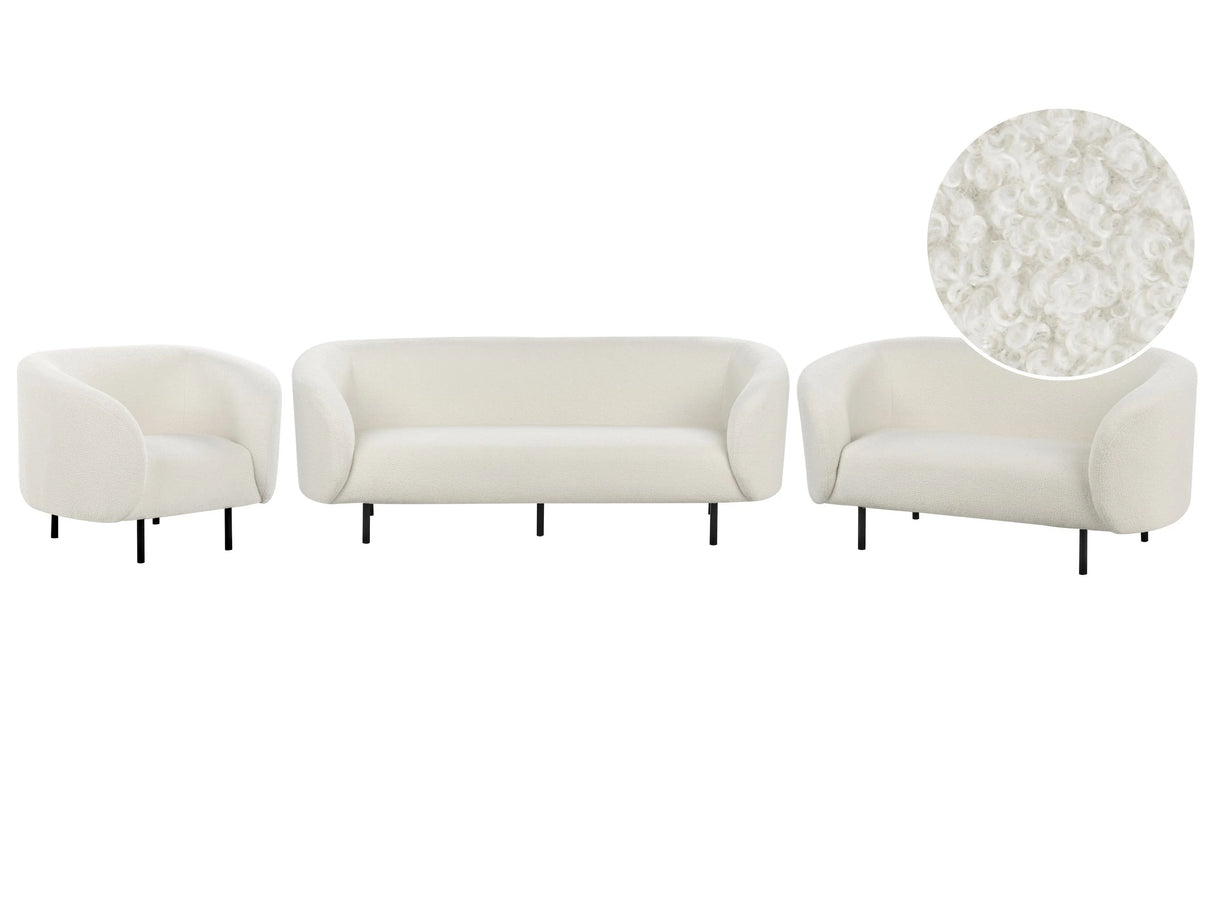 Living Room Set White Boucle Fabric Soft Nubby Black Legs 3 Seater Sofa Loveseat Armchair Retro Glam Art Decor Style Beliani