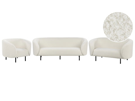 Living Room Set White Boucle Fabric Soft Nubby Black Legs 3 Seater Sofa Loveseat Armchair Retro Glam Art Decor Style Beliani