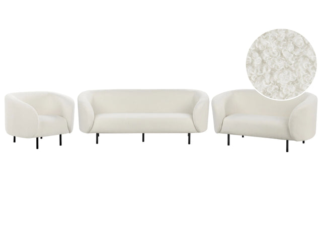 Living Room Set White Boucle Fabric Soft Nubby Black Legs 3 Seater Sofa Loveseat Armchair Retro Glam Art Decor Style Beliani