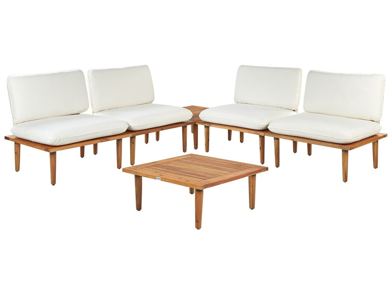 Garden Sofa Set Off-White Cushions Certified Acacia Wood Modern Outdoor 4 Seater Armchairs 1 Table Beliani