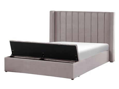 EU Double Size Panel Bed Grey Velvet 4ft6 Slatted Base High Headrest with Storage Bench Beliani