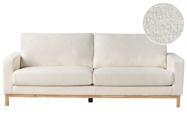 3 Seater Sofa White Boucle Living Room Modern Style Light Wood Legs Beliani