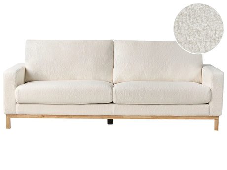 3 Seater Sofa White Boucle Living Room Modern Style Light Wood Legs Beliani