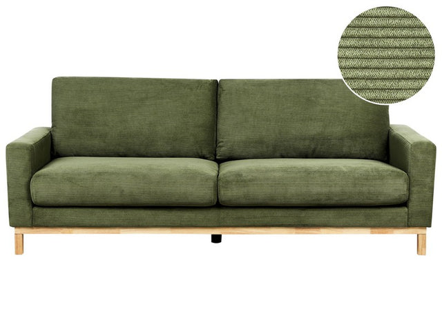 3 Seater Sofa Green Cord Living Room Modern Style Light Wood Legs Beliani