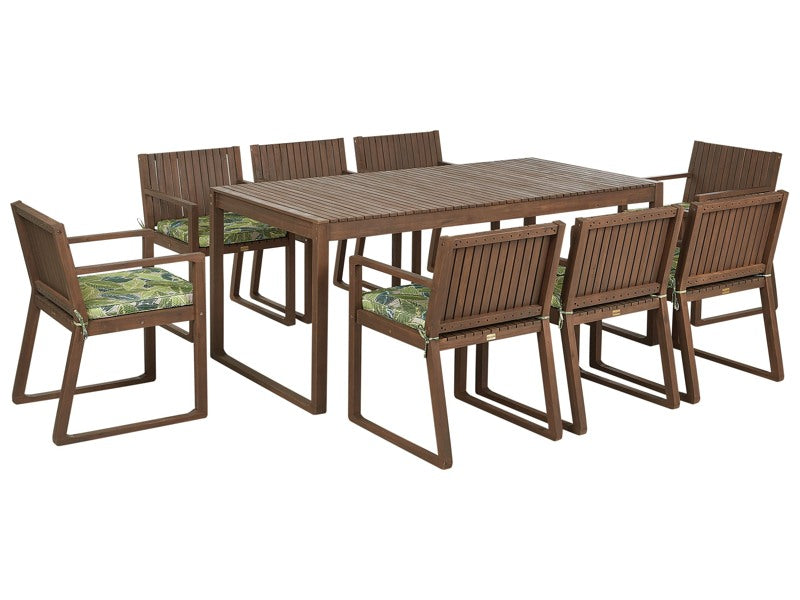 Garden Dining Set Dark Acacia Wood Table 8 Chairs with Green Cushions Rustic Style Beliani