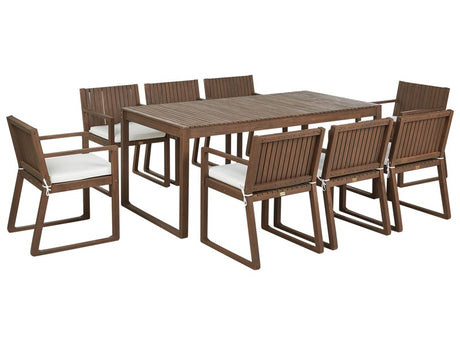 Garden Dining Set Dark Acacia Wood Table 8 Chairs with Off-White Cushions Rustic Style Beliani