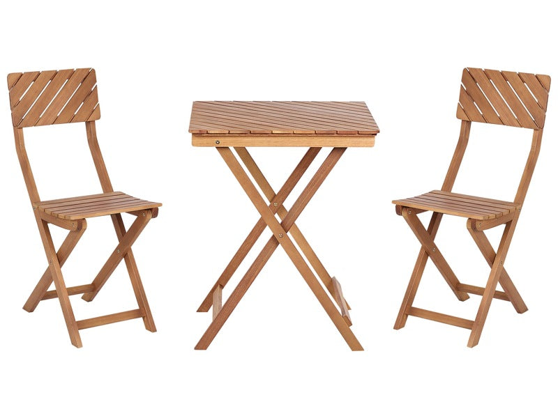 3 Piece Bistro Set Light Solid Eucalyptus Wood 2 Chairs and Tea Table Folding Slatted Design Beliani