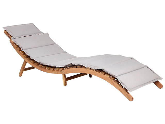Sun Lounger Light Acacia Wood Grey Cushion Slatted Design Folding Feature Curved Shape Garden Patio Balcony Beliani