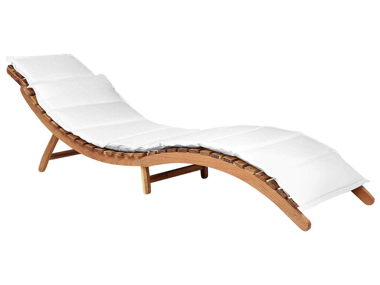 Sun Lounger Light Acacia Wood White Cushion Slatted Design Folding Feature Curved Shape Garden Patio Balcony Beliani