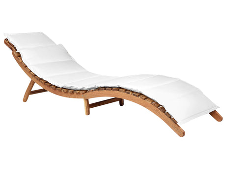 Sun Lounger Light Acacia Wood White Cushion Slatted Design Folding Feature Curved Shape Garden Patio Balcony Beliani
