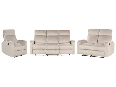 Manual Recliner Sofa Set Beige Velvet Upholstered 3 and 2 Seater Armchair Couch Modern Design Relax Function Beliani