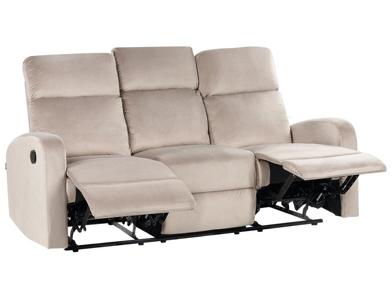 Manual Recliner Sofa Beige Velvet Upholstered 3 Seater Couch Modern Design Relax Function Beliani