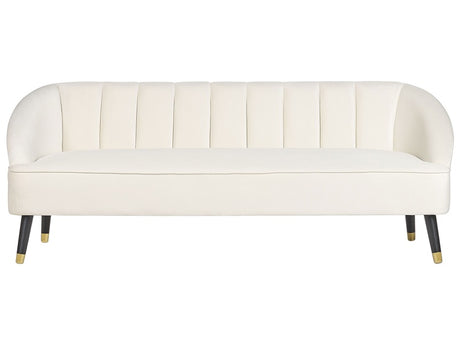 Sofa Off-White  Velvet 3 Seater Channel Back Recessed Arms Wooden Legs Beliani