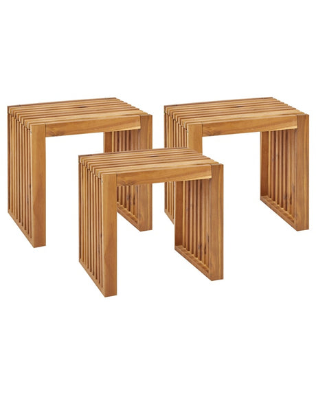 Set of 3 Garden Stools Light Acacia Wood Garden Modern Rustic Outdoor Beliani