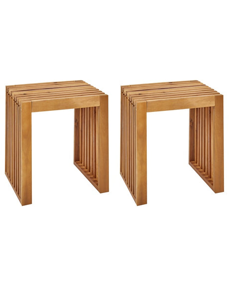 Set of 2 Garden Stools Light Acacia Wood Garden Modern Rustic Outdoor Beliani