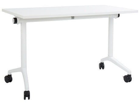 Folding Office Desk White Metal Frame MFC Tabletop 120 x 60 cm Foldable Portable Mobile Table with Casters Modern Design Beliani