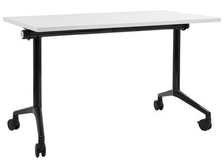 Folding Office Desk White and Black Metal Frame MFC Tabletop 120 x 60 cm Foldable Portable Mobile Table with Casters Modern Design Beliani