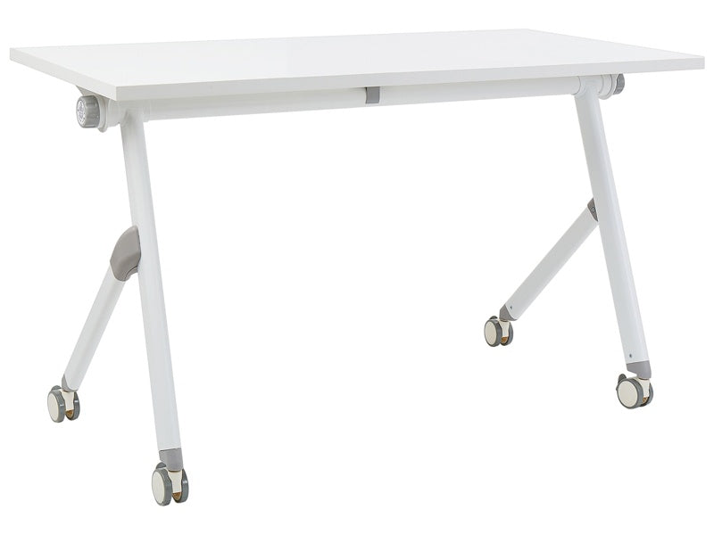 Folding Office Desk White Metal Frame MFC Tabletop 120 x 60 cm Foldable Portable Mobile Table with Casters Modern Design Beliani