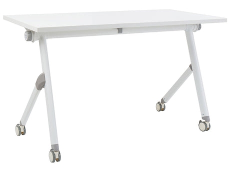 Folding Office Desk White Metal Frame MFC Tabletop 120 x 60 cm Foldable Portable Mobile Table with Casters Modern Design Beliani
