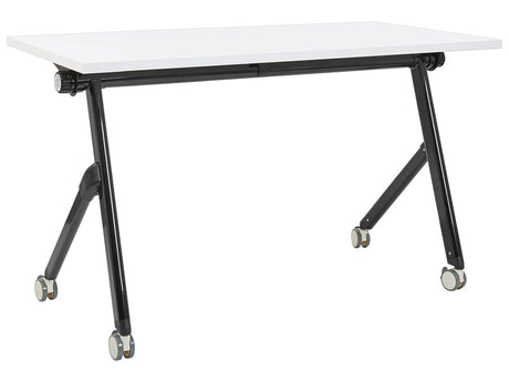 Folding Office Desk White and Black Metal Frame MFC Tabletop 120 x 60 cm Foldable Portable Mobile Table with Casters Modern Design Beliani