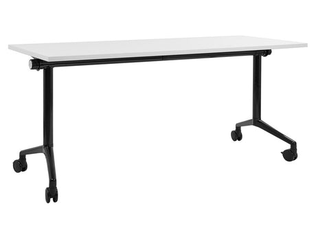 Folding Office Desk White and Black Metal Frame MFC Tabletop 160 x 60 cm Foldable Portable Mobile Table with Casters Modern Design Beliani