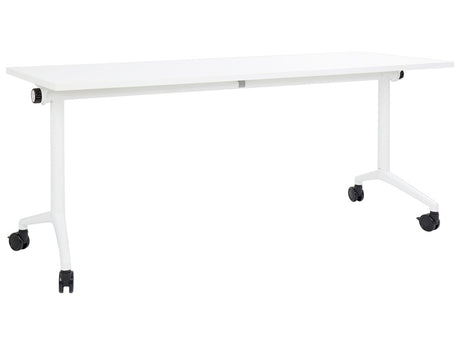 Folding Office Desk White Metal Frame MFC Tabletop 180 x 60 cm Foldable Portable Mobile Table with Casters Modern Design Beliani