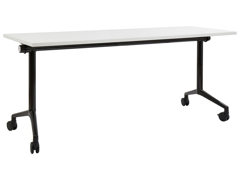 Folding Office Desk White and Black Metal Frame MFC Tabletop 180 x 60 cm Foldable Portable Mobile Table with Casters Modern Design Beliani