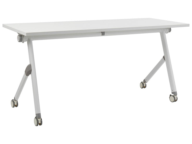 Folding Office Desk White Metal Frame MFC Tabletop 160 x 60 cm Foldable Portable Mobile Table with Casters Modern Design Beliani