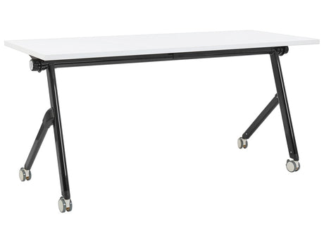 Folding Office Desk White and Black Metal Frame MFC Tabletop 160 x 60 cm Foldable Portable Mobile Table with Casters Modern Design Beliani