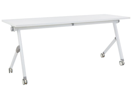 Folding Office Desk White Metal Frame MFC Tabletop 180 x 60 cm Foldable Portable Mobile Table with Casters Modern Design Beliani