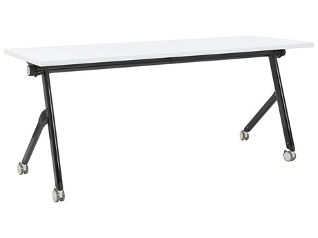 Folding Office Desk White and Black Metal Frame MFC Tabletop 180 x 60 cm Foldable Portable Mobile Table with Casters Modern Design Beliani