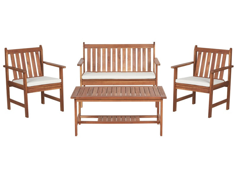 Garden Sofa Set Light Acacia Wood White Cushions 4 Seater Sofa 2 Armchairs with Table Outdoor Conversation Set Beliani