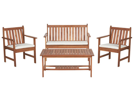 Garden Sofa Set Light Acacia Wood White Cushions 4 Seater Sofa 2 Armchairs with Table Outdoor Conversation Set Beliani