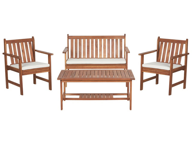 Garden Sofa Set Light Acacia Wood White Cushions 4 Seater Sofa 2 Armchairs with Table Outdoor Conversation Set Beliani