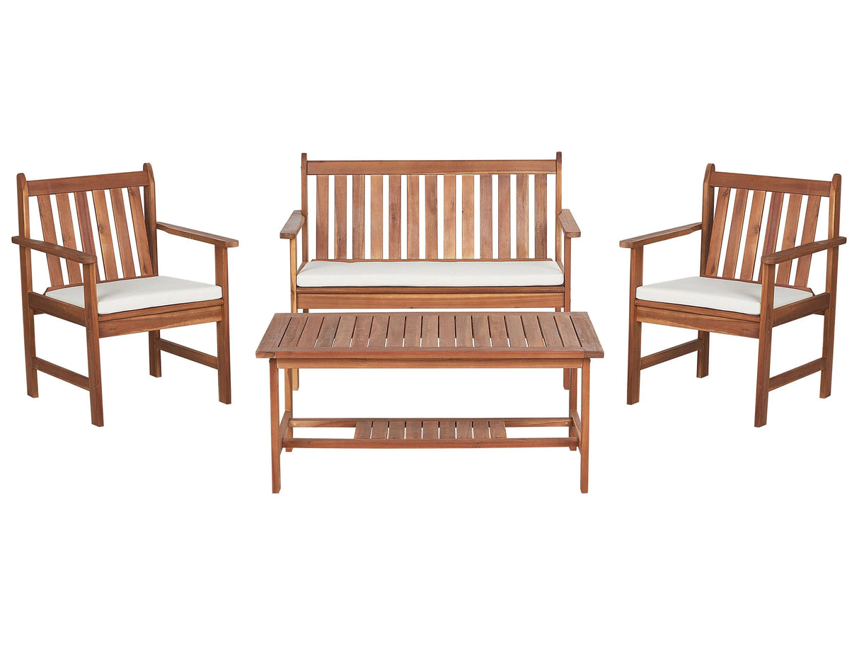 Garden Sofa Set Light Acacia Wood White Cushions 4 Seater Sofa 2 Armchairs with Table Outdoor Conversation Set Beliani