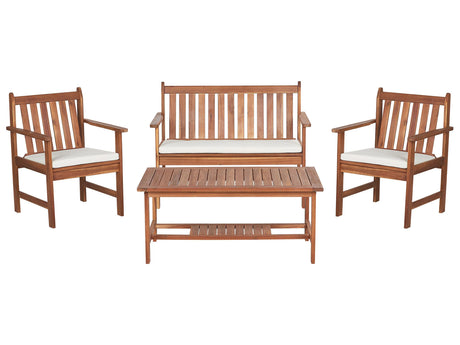 Garden Sofa Set Light Acacia Wood White Cushions 4 Seater Sofa 2 Armchairs with Table Outdoor Conversation Set Beliani