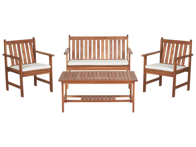 Garden Sofa Set Light Acacia Wood White Cushions 4 Seater Sofa 2 Armchairs with Table Outdoor Conversation Set Beliani