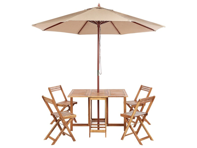 Garden Dining Set 6 Pieces Light Solid Acacia Wood Rectangular Table 4 Chairs with Parasol Outdoor Foldable Rustic Style Modern Design Beliani