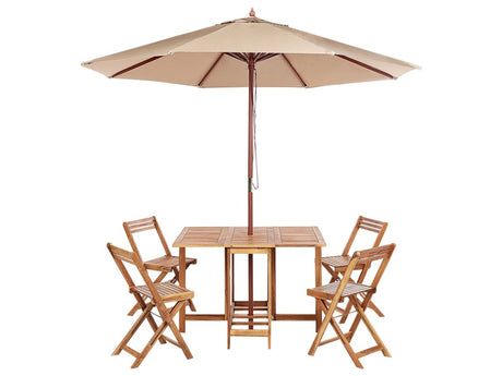 Garden Dining Set 6 Pieces Light Solid Acacia Wood Rectangular Table 4 Chairs with Parasol Outdoor Foldable Rustic Style Modern Design Beliani