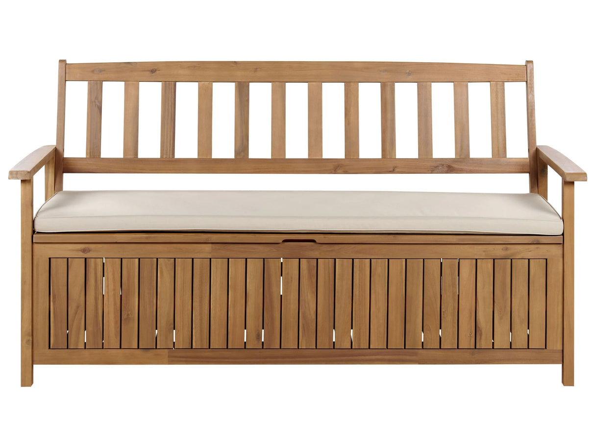 Outdoor Bench with Storage Solid Acacia Wood 3 Seater 160 cm with Taupe Cushion Beliani