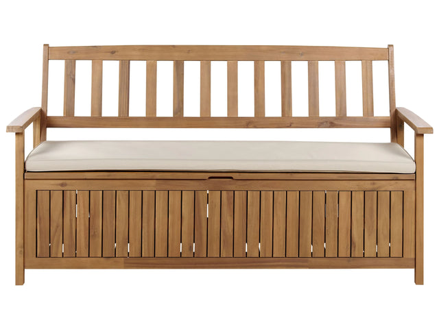 Outdoor Bench with Storage Solid Acacia Wood 3 Seater 160 cm with Taupe Cushion Beliani