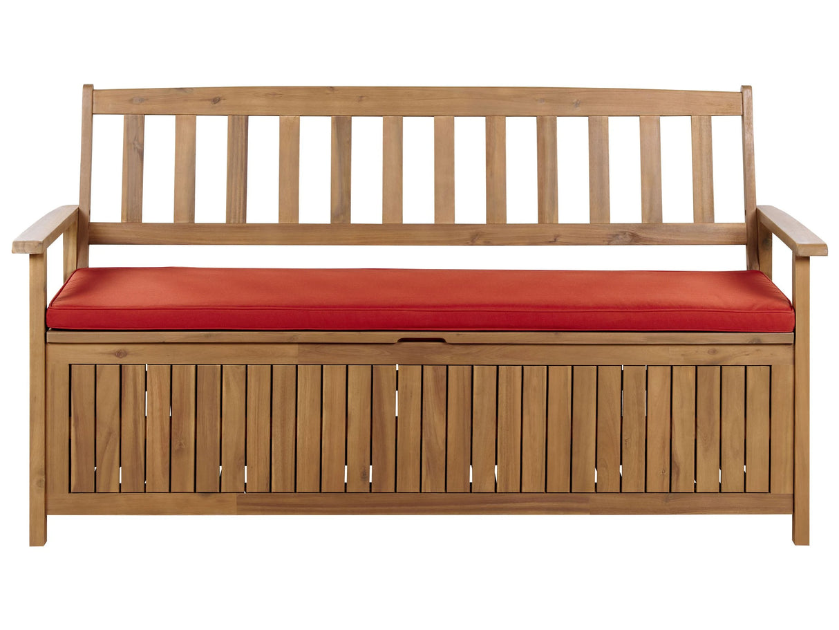 Outdoor Bench with Storage Solid Acacia Wood 3 Seater 160 cm with Red Cushion Beliani