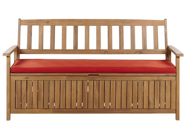 Outdoor Bench with Storage Solid Acacia Wood 3 Seater 160 cm with Red Cushion Beliani