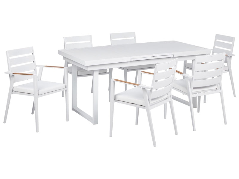 6 Seater Garden Dining Set White Aluminium Extending Table Chairs with Seating Pads Outdoor Beliani